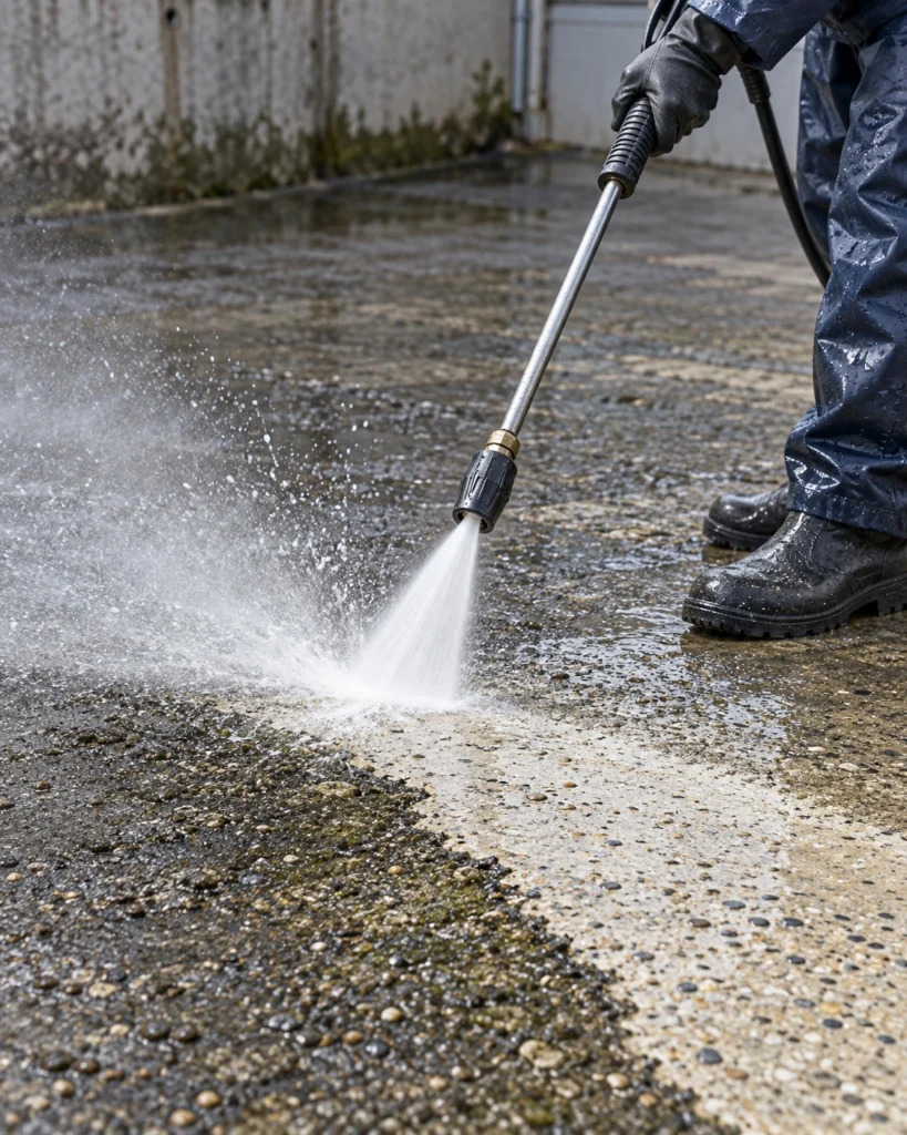 close-up of a pressure-washing lance cleaning concrete