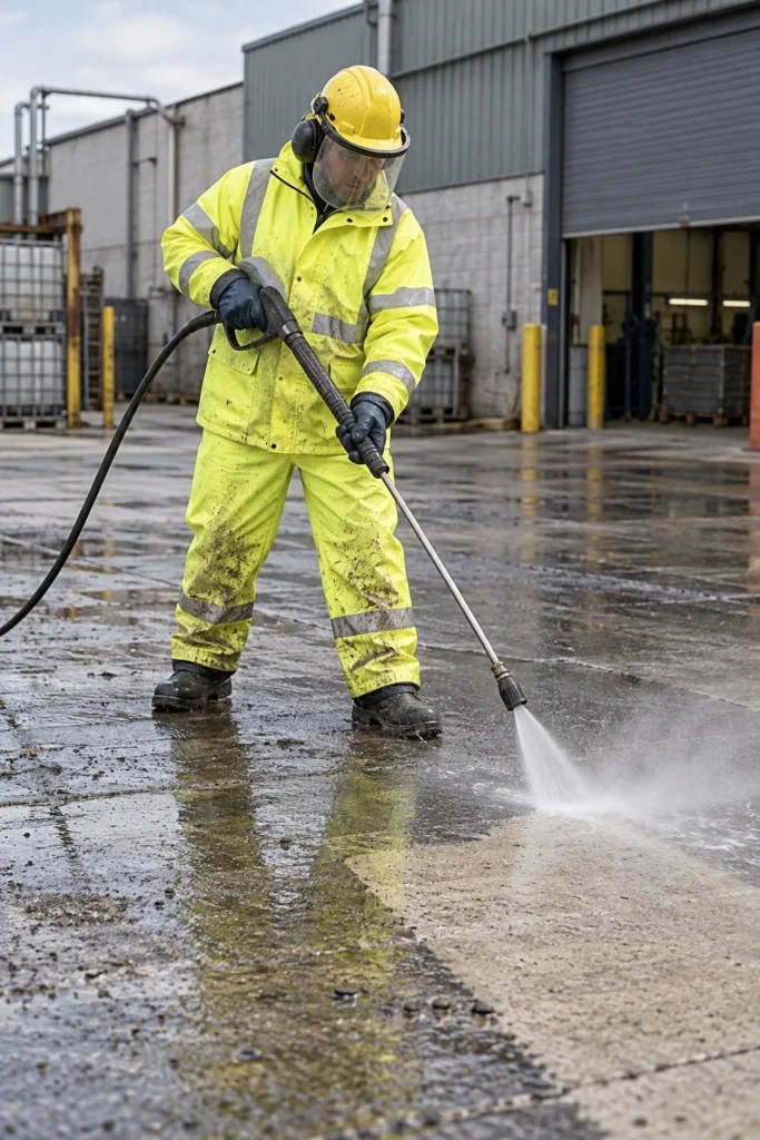 worker pressure washing concrete with a visible water jet